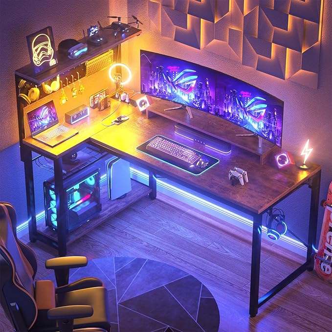 Homieasy Small Gaming Desk with Power Outlets Pegboard LED Light, 51 Inch L Shaped Computer Desk with Monitor Stand Storage Shelves, Reversible Corner Desk with Headset Hooks, Rustic Brown