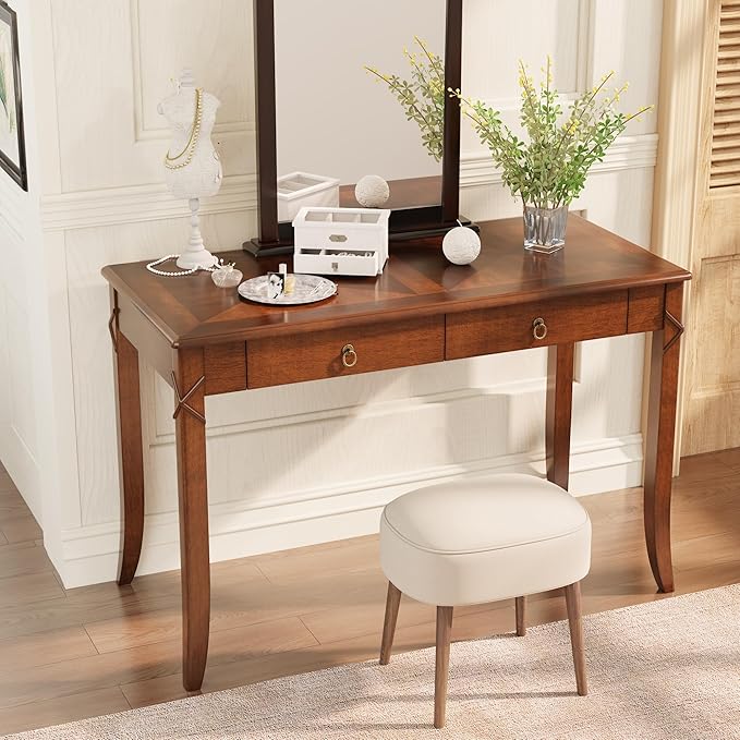 Traditional Home Office Desk with 2 Storage Drawers, Solid Wood Computer Desk with Elegant Carved Legs,Vanity Desk, Writing Desk, Corner Table for Living Room, Easy Assembly Cherry Brown BSZ-DR200