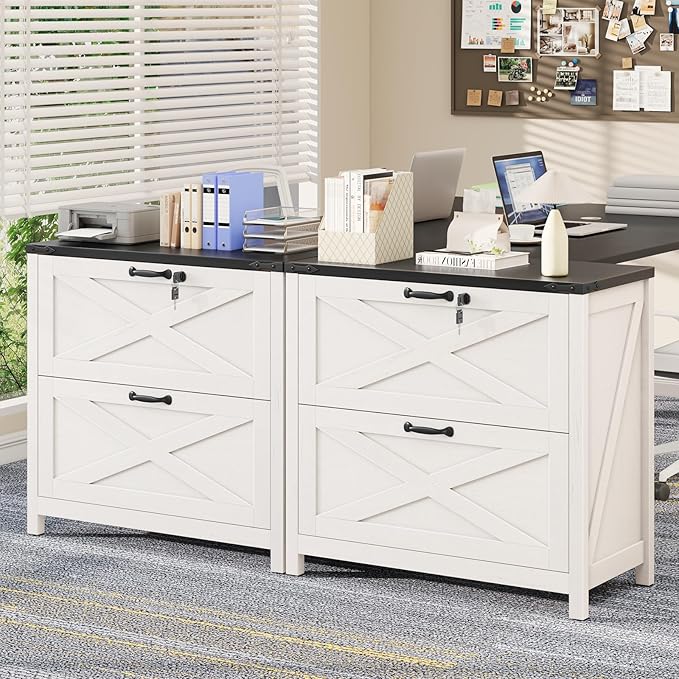 Farmhouse File Cabinet, Lateral Filing Cabinet with 2 Drawers with Lock for Letter/A4 Size Hanging Files, Large Wooden Printer Stand File Storage Cabinet for Home Office, White and Black