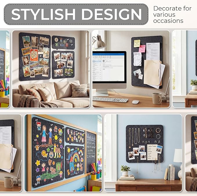 3 Pack Large Felt Bulletin Boards 24"/16"/7"x 16" Foldable Picture Vision Board for Office Wall Frameless Cork Board with 60 Push Pin for Home, Kitchen, Wall Pin Boards(Grey)