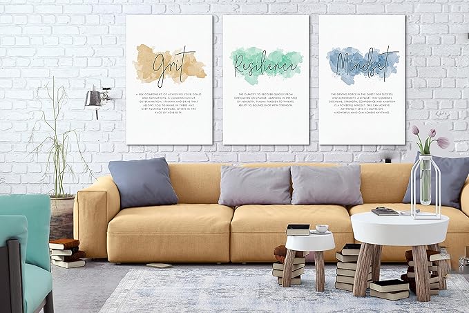SHMAO Office Canvas Wall Art Motivational Wall Decor, 3 Piece Grit Resilience Mindset Print Pictures for Office Wall Decor Women Inspirational Framed Artwork Home Office Decor 24”x36”x3 Panels