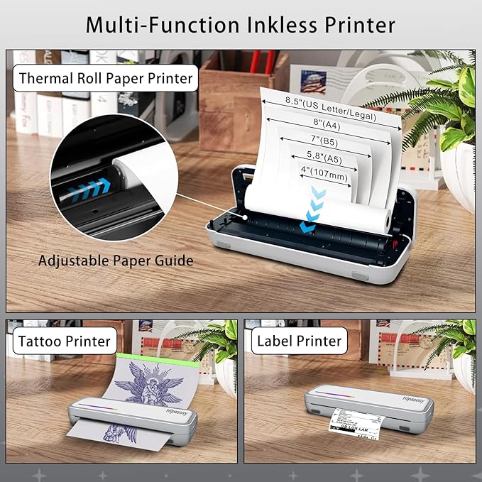 Portable Thermal Wireless Printers for Home Use, Inkless-Bluetooth-Printer Support for A4 Size Compatible with iOS, Android & Laptop for Tattoo,Travel,Office（White with 6Rolls Thermal Paper