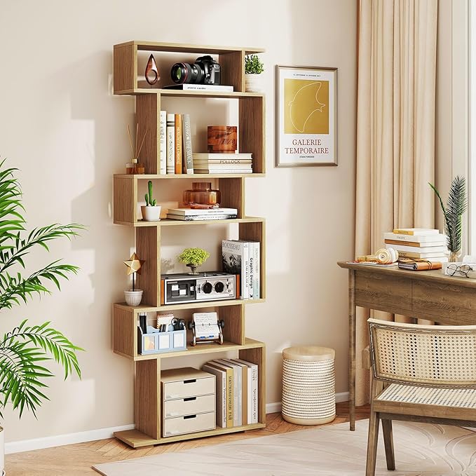 Giantex 6-Tier Geometric Bookshelf, S-Shaped Bookcase with 2 Anti-Tipping Kits, Wooden Display Shelf, Decorative Storage Shelving Unit, Home Storage Organizer for Office Living Room (1,Natural)
