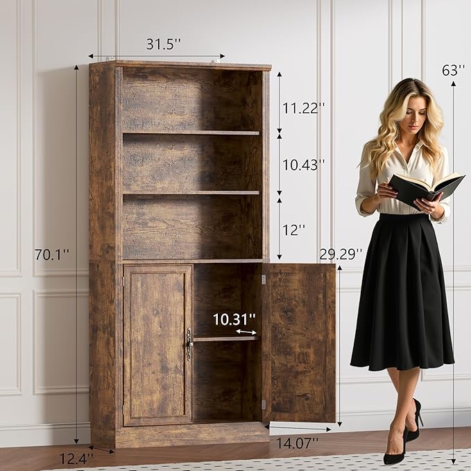 70.1" Tall Bookshelf with Cabinet, 5-Tier Floor Standing Bookcase with Doors & Adjustable Shelves, 31.5" Wide Storage Shelf, Metal Handles, Modern Organizer for Home Office, Living Room