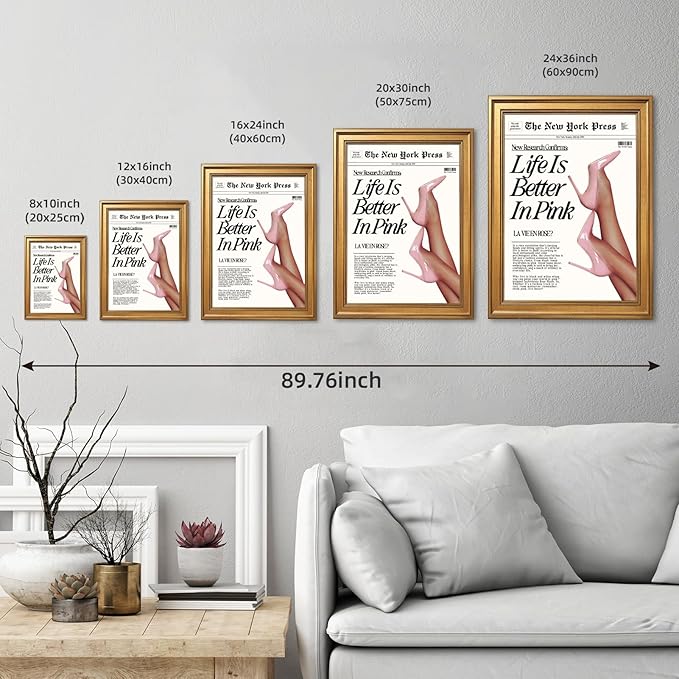 Trendy Baby Pink Hot Girl Poster Life Is Better In Pink Newspaper Wall Art Retro High Heel Picture 70s News Headline Canvas Prints Aesthetic Decor for Girly Bedroom Dorm 24x36inch Vintage Framed