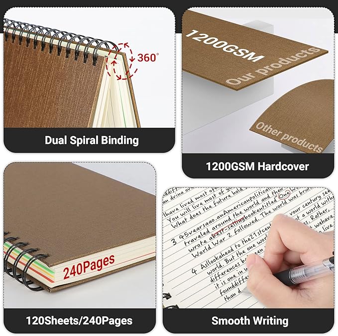 EUSOAR 5 Subject Notebook Hardcover, 3pcs A5 5.5"x8.3" College Ruled Spiral Writing Pad, Thick 100GSM 120Sheets/ 240Pages of Lined Paper, for Journals, Students, Office and Business, Kraft