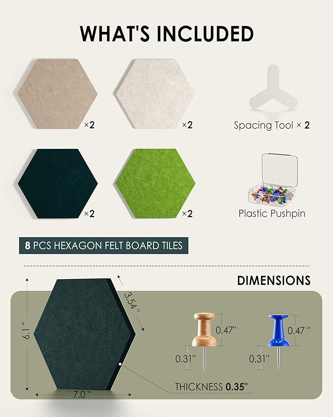 MaxGear 8Pcs Hexagon Felt Cork Board Tiles, Green Self-Adhesive DIY Bulletin Board Pin Board for Office School Home Wall Decor Stickers Photos Display Memos