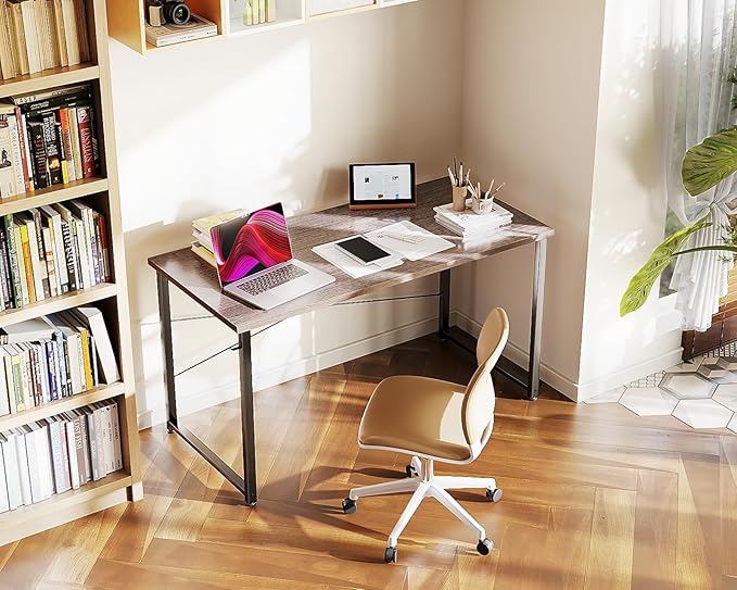 Casaottima 48 Inch Small Computer Desk for Home Office, Study Writing Table for Small Spaces, Simple Modern Desk with Headphone Hooks, Grey Oak