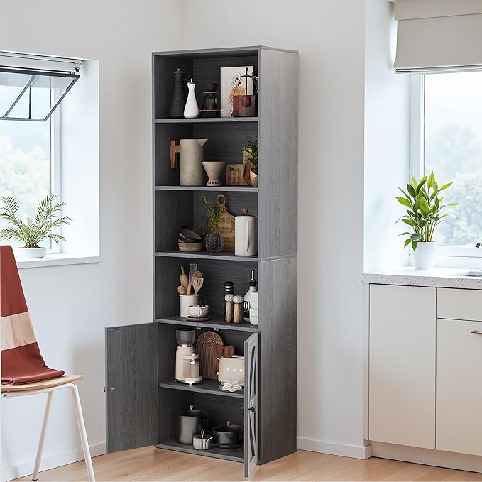 YESHOMY 6 Tier Bookcase and Bookshelf, Tall Book Shelf with Doors & Adjustable Shelves, Floor Display Storage Cabinet Home Decor for Living Room, Office, Grey