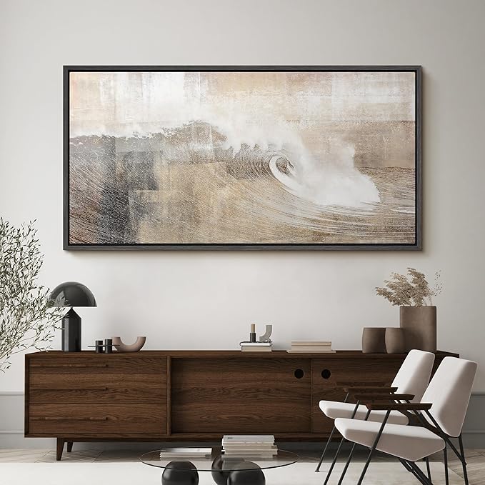 SIGNFORD Extra Large Framed Canvas Neutral Ocean Wave Abstract Illustrations Modern Art Calm Warm for Living Room, Bedroom, Office - 60"x30"