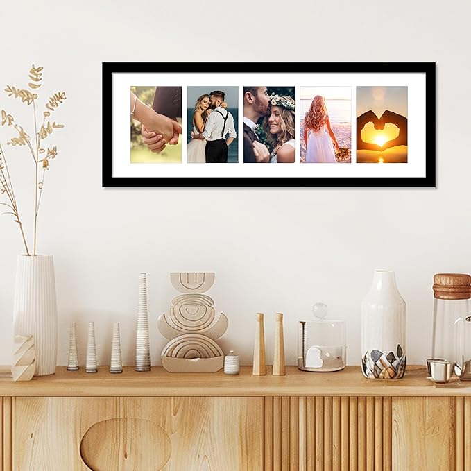 VIOLABBEY 8x24 Picture Frame - Fits Five 4x6 Photos with Mat or One 8x24 Picture without Mat - Black Collage Wall Decor