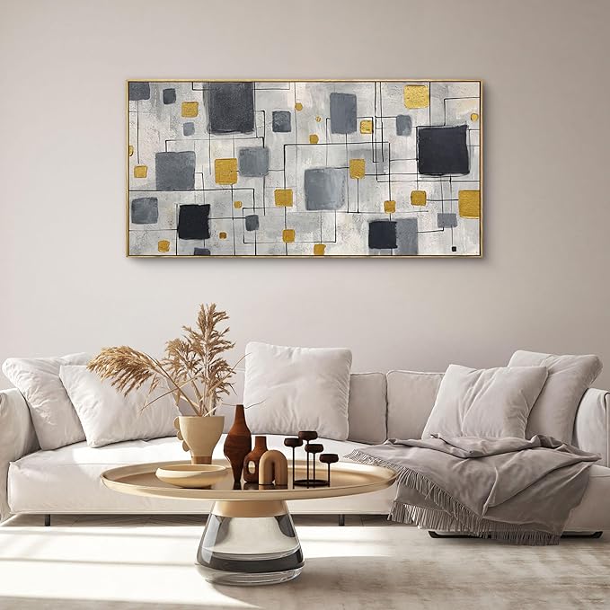 KLAKLA Neutral Decor Modern Abstract Wall Art Poster - Black Gold Gray for Living Room Bedroom Office Framed Minimalist Abstract Design 48x24 Inches