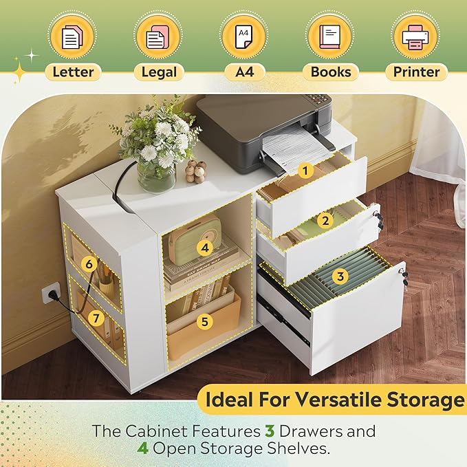 DEVAISE File Cabinet with Lock, 3 Drawer Rolling Mobile Lateral Filing Cabinets with Charging Station Printer Stand with Open Storage Shelves Fits A4 or Letter Size for Home Office White