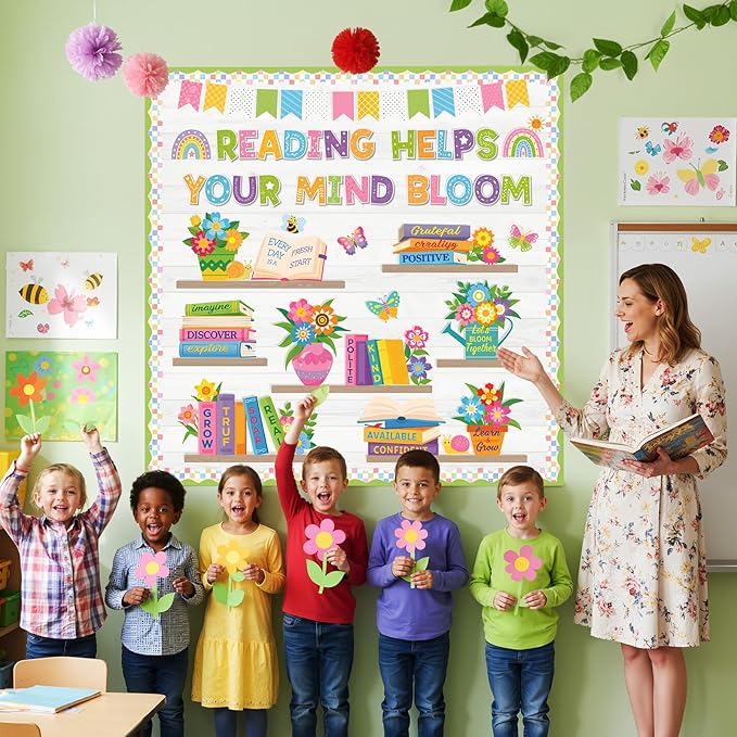 Pasimy Spring Reading Bulletin Board Set, Flower Plant Bookshelf Classroom Decorations Read Themed Paper Cutouts Words of Wisdom Bulletin Board Decor for Elementary School Library Chalkboard Wall