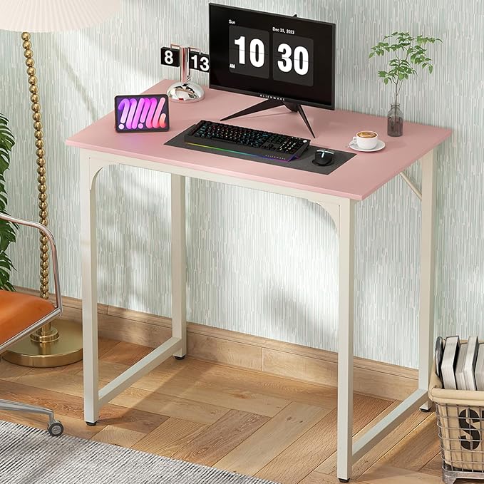 BLKMTY 32" Home Office Desk, Computer Desk Writing Wood PC Study Table Work Desks Modern Simple Style Laptop Table with Metal Frame and Smooth Tabletop for Workstation Bedroom, Pink