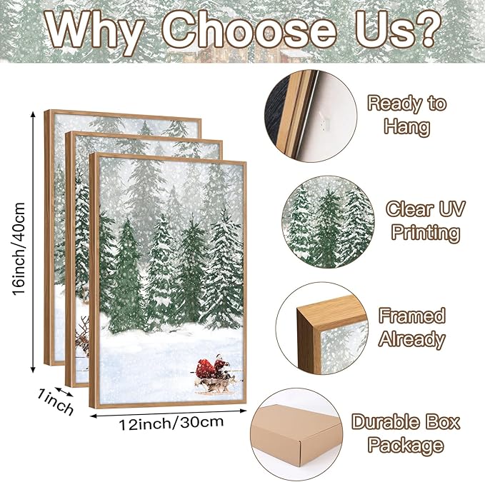 CHDITB Santa Claus Reindeer Sleigh Framed Canvas Wall Art(12"x16"), 3 Panels Christmas Winter Holiday Artwork Prints, Large Rustic Xmas Gift Snow Scene Forest Landscape Decor for Home Office Bedroom