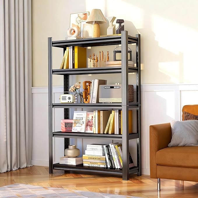 40" W*78" H Book Shelf，5 Tier Metal Wide Bookshelf，Heavy Duty Book Shelfs，Adjustable Shelving Unit，Tall Bookcase，Industrial Bookshelf for Living Room，Bedroom，Office and Library