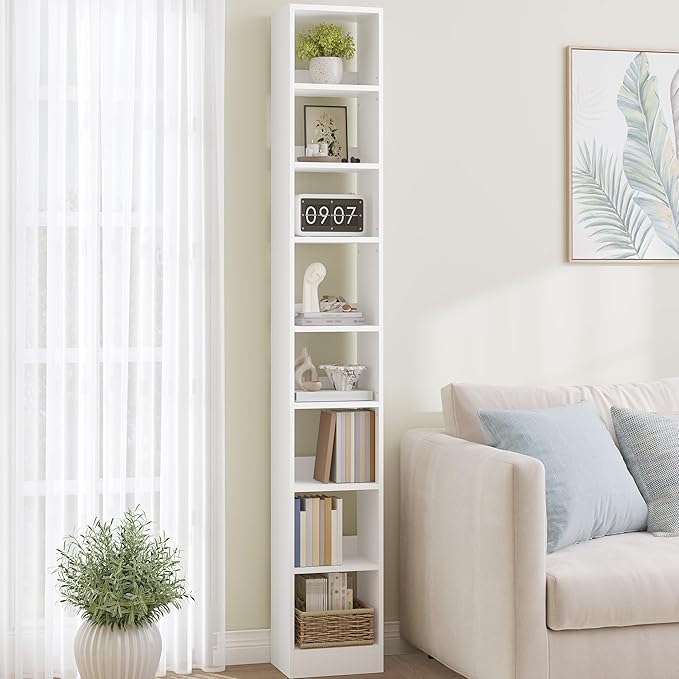 Bookcase, Tall Narrow Bookshelf, Open Display Storage Shelf, Skinny Cube Book Shelf with Adjustable Shelves, CD Rack for Living Room, Home Office 8-Tier(9.4 x 11.8 x 72 inch) White BC89603X