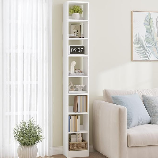 Bookcase, Tall Narrow Bookshelf, Open Display Storage Shelf, Skinny Cube Book Shelf with Adjustable Shelves, CD Rack for Living Room, Home Office 8-Tier(9.4 x 11.8 x 72 inch) White BC89603X
