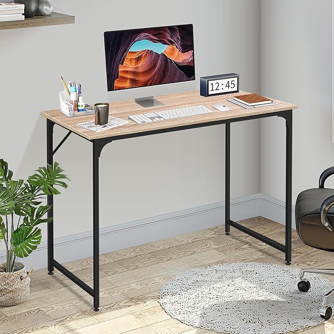 BLKMTY 39" Computer Desk, Home Office Writing Desk Wood PC Study Table Work Desks Modern Simple Style Laptop Table with Metal Frame and Smooth Tabletop for Workstation Bedroom, Nature