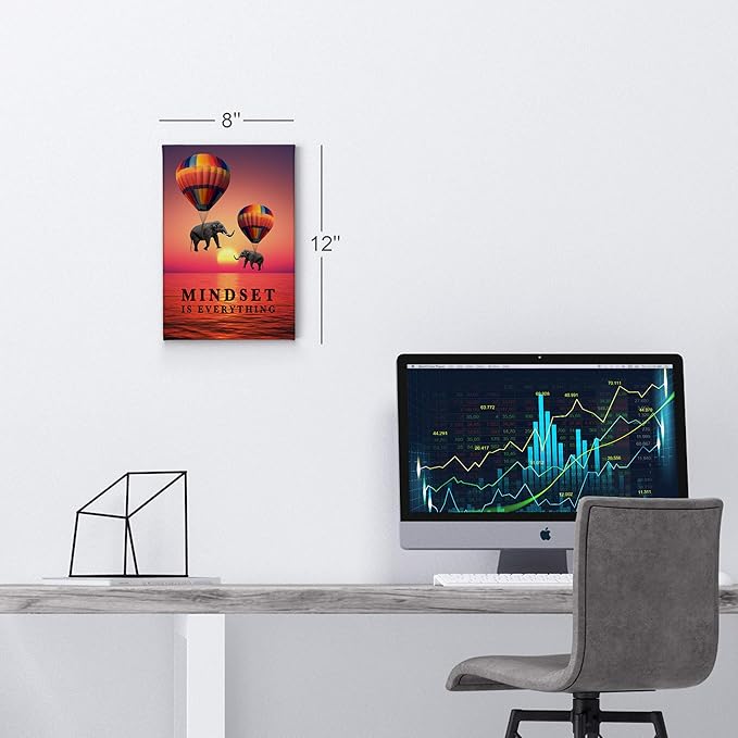 Smile Art Design Mindset is Everything Elephant with Balloon Sunset View Motivational Wall Art Canvas Print Inspirational Entrepreneur Quote Modern Office Decor Artwork Gift Ready to Hang 28x19