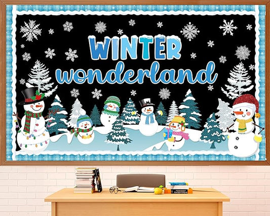 Winter Wonderland Bulletin Board Set Winter Snowman Bulletin Board Christmas Classroom Decorations Snowy Tree Snowflake Cutouts for Xmas Holiday Party School Classroom Home Chalkboard Wall Decor
