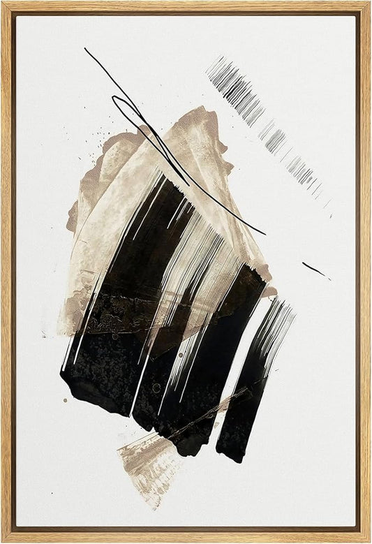 SIGNWIN Framed Canvas Print Wall Art Brushstroke Minimalist Black and Beige Illustrations Modern Art Minimal Multicolor for Living Room, Bedroom, Office - 24"x36" Natural