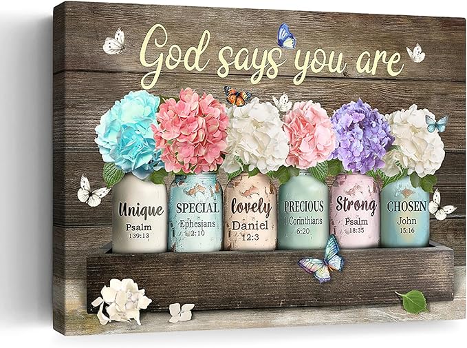 Farmhouse Inspirational Bible Verse Wall Art God Says You Are Motivational Scripture Quotes Wall Decor Rustic Flower Butterfly Canvas Print Framed Artwork for Bathroom Living Room Bedroom 12"x16"
