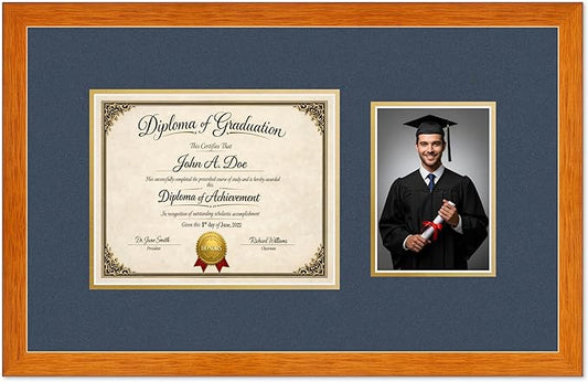 Diploma Frame With Photo Opening Honey Oak Navy Blue Over Gold Mat - Fits 10 x 8 Degree and Picture Made in the USA