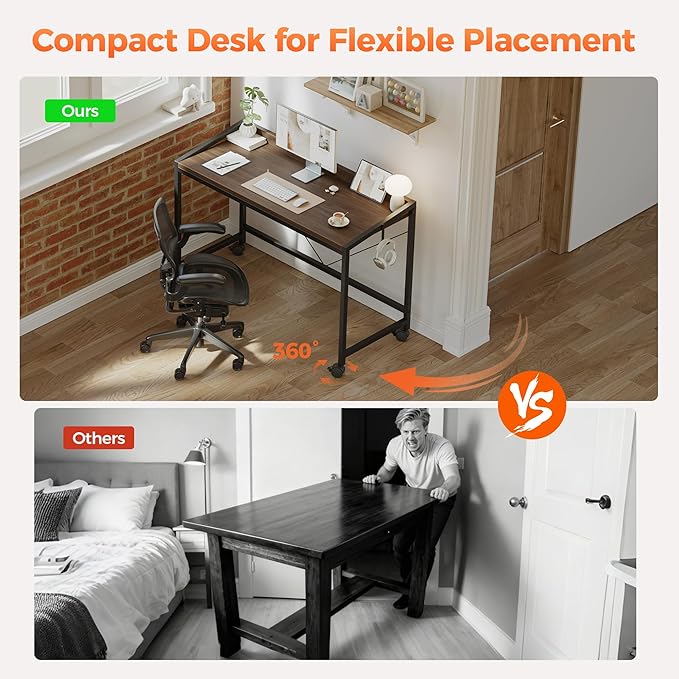 Mericonia 48 inch Rolling Computer Desk with Wheels, Gaming Desk for Small Spaces, Modern Simple Style Table for Home Office, Study Writing Table