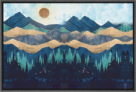 SIGNFORD Framed Canvas Print Wall Art Woodland Nursery Decor Blue Mountains & Forest Under Shining Sun Abstract Wilderness Modern Art Rustic Scenic for Living Room, Bedroom, Office - 24"x36" Black