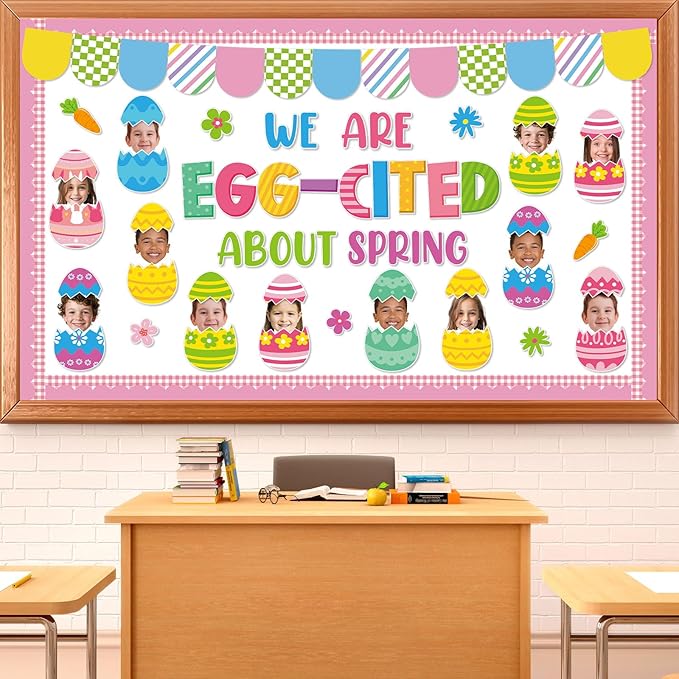 Easter Bulletin Board Decoration Set Easter Egg DIY Photo Craft Cutouts We are Egg-Cited About Spring Classroom Decoration for Teacher School Office Home Chalkboard Wall Decor Spring Party Supplies