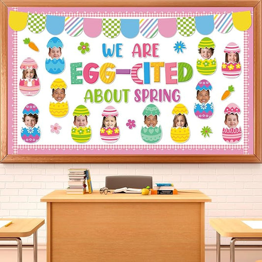 Easter Bulletin Board Decoration Set Easter Egg DIY Photo Craft Cutouts We are Egg-Cited About Spring Classroom Decoration for Teacher School Office Home Chalkboard Wall Decor Spring Party Supplies