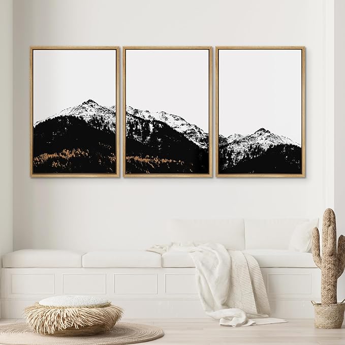 SIGNWIN 3 Piece Framed Canvas Wall Art Black and White Mountain Tops Photo Nature Wilderness Illustrations Abstract Traditional Home Artwork Decoration for Living Room,Bedroom - 24"x36"x3 Natural