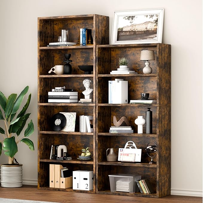 5-Tier Bookcase and Bookshelves, Freestanding Wood Bookshelf, 53" Tall Bookcase with Adjustable Shelves, for Living Room, Bedroom, Home Office, Retro Brown