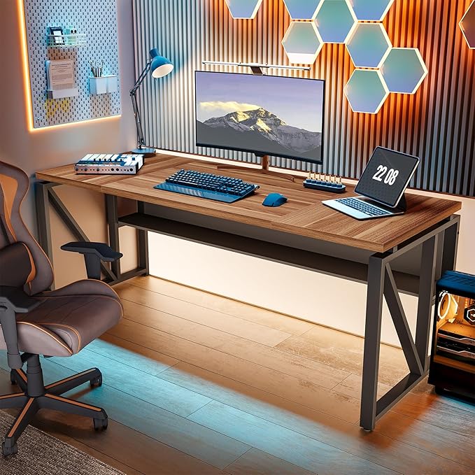 LITTLE TREE 63-Inch Executive Office Desk, Large Computer Desk with Storage Shelf, Executive Desk with Metal Frame, Study Writing Desk Work Station for Home Office, Brown + Black