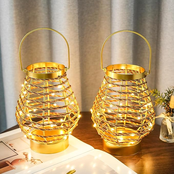 Set of 12 Metal Cordless Table Lamp 8 "H Metal Cage LED Cage Lamp with 6-Hour Timer, Vintage Decorative Fairy Lights Lantern for Indoor/Outdoor Bedrooms Weddings Parties Patio Events
