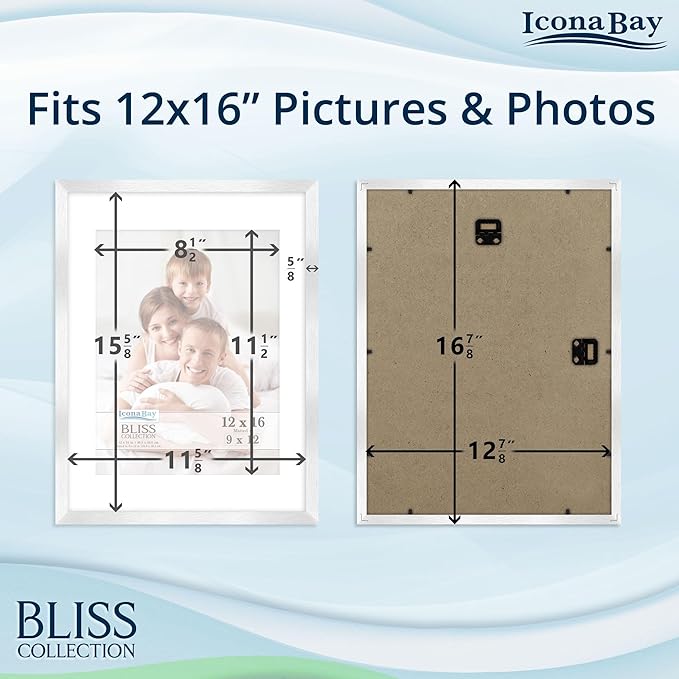 Icona Bay - 12x16 Silver Picture Frame with Removable Mat to 9x12 Photo - Modern Style Engineered Wood Poster Frame - Wall Mount Only - Bliss Collection