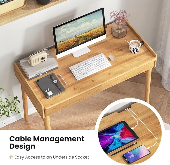 POWERSTONE 39.5" Writing Computer Desk, Modern Bamboo Home Office Desk with 2 Storage Drawers and One Shelf, Study Writing Table Workstation