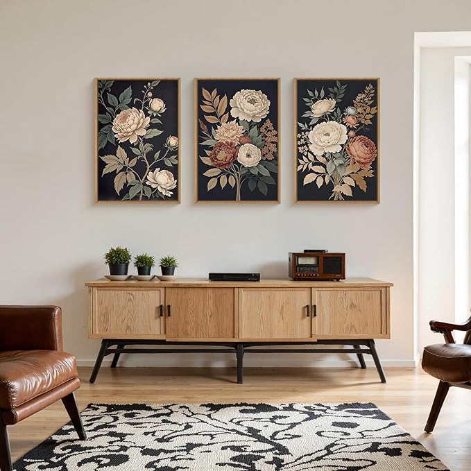 HOURIA Large Moody Dark Flower Framed Canvas Wall Art,Retro Beige Red Peony Wall Decor,Vintage Textured Blossom Botanical Artwork,Natural Wildflower Art Print for Living Room,Bedroom,Office-16 x24 x3
