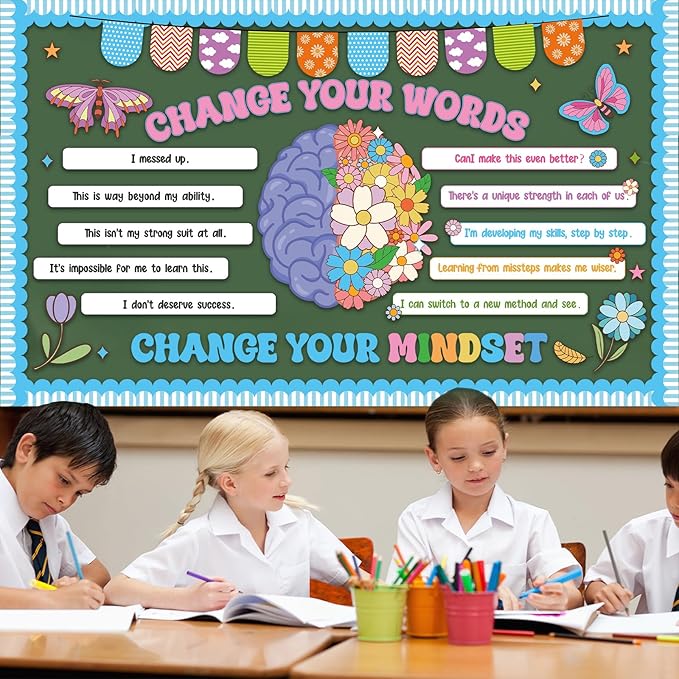 Growth Mindset Bulletin Board Set Flower Mental Health Classroom Decoration Spring Change Your Mindset Bulletin Board Butterfly Brain Positive Sayings Posters Cutouts for School Chalkboard Wall Decor