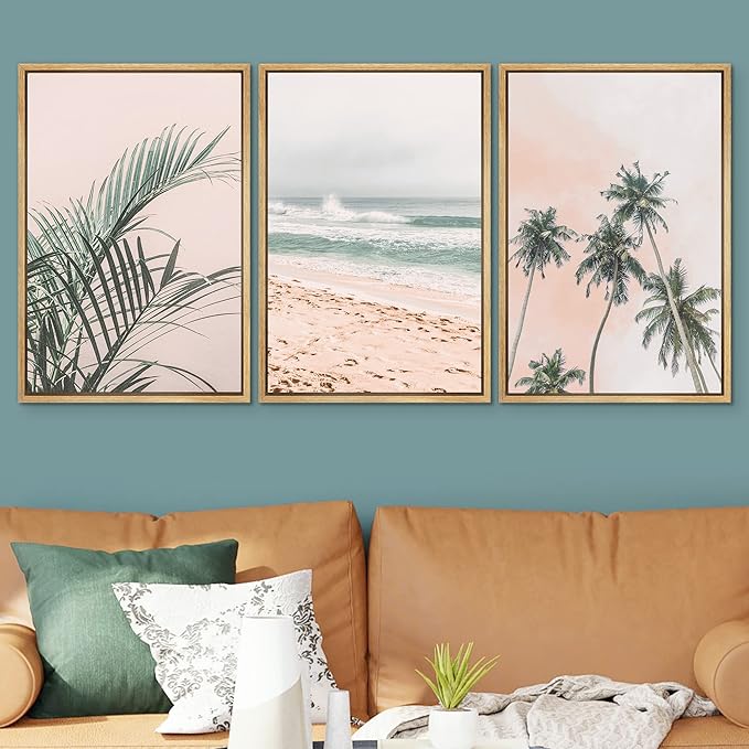SIGNWIN Framed Canvas Print Wall Art Set Tropical Palm Leaf Beach Ocean Shore Landscape Nature Wilderness Modern Art Realism Decorative for Living Room, Bedroom, Office - 24"x36"x3 Natural