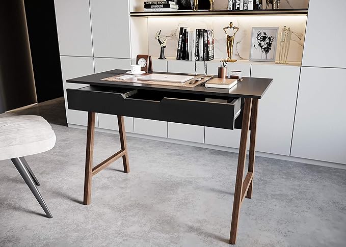 Modern Design Parma Small Desk for Bedroom, Black 42 Inch Writing Desk with Drawer, by Crafts and Comfort
