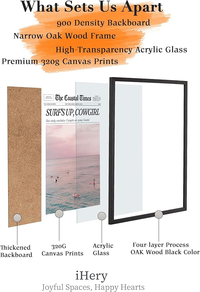 iHery Premium Natural Black OAK Wood 12x16in Surf’s Up Coastal Cowgirl Trendy Framed Wall Art, Vintage Hot Girls Canvas Wall Decor For Dorm Bedroom Living Room 1Pack