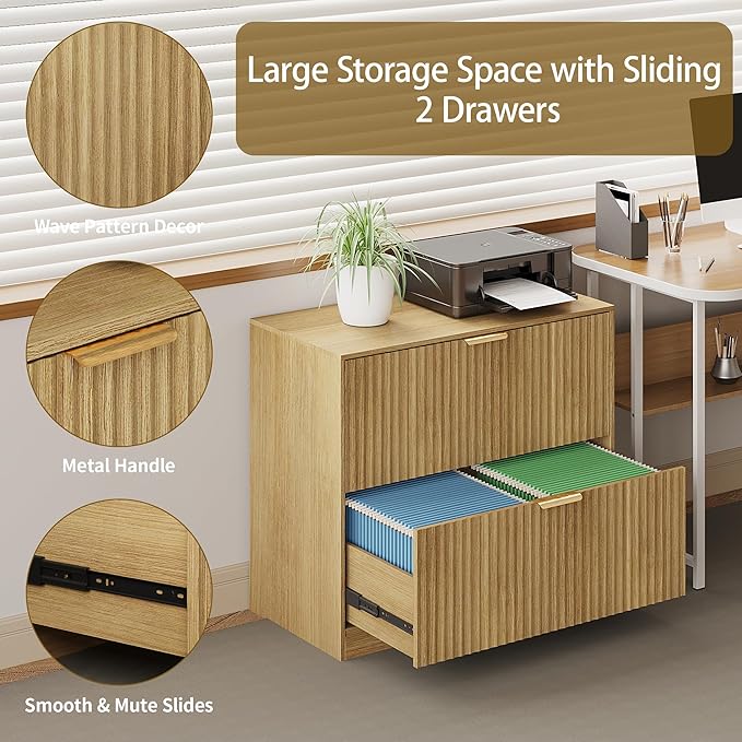 Double Drawer Horizontal File Cabinet,Wooden Fluted File Cabinet Printer Stand for Legal/Letter/A4 Size with Metal Handle for Modern Home,Office,Living Room (File cabinet-natural-05)