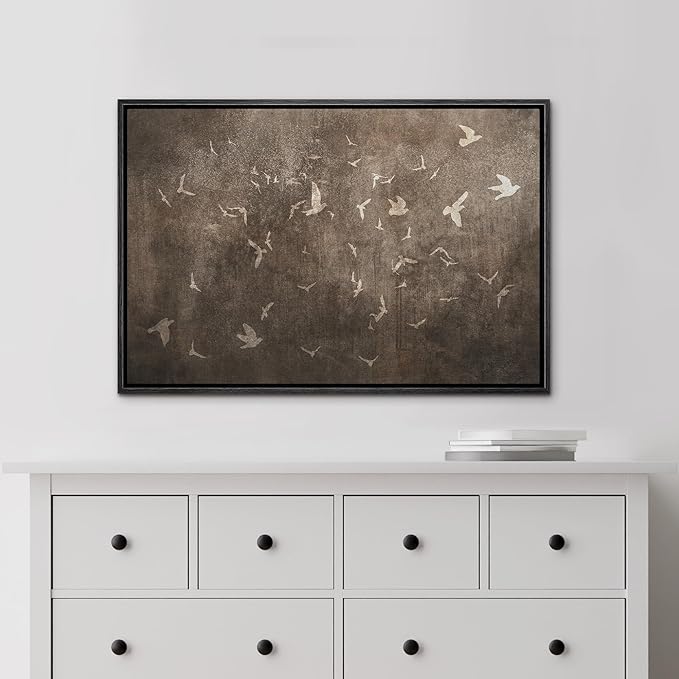 MUDECOR Framed Canvas Print Wall Art Abstract Birds in Flight Subtle Brown Tones Illustrations Minimalism Decorative Relax Colorful for Living Room, Bedroom, Office - 24"x36" BLACK