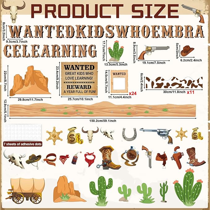 gisgfim Western Cowboy Bulletin Board Decorations Wanted Kids Who Embrace Learning Classroom Posters Paper Cutouts Bulletin Board Set for Teacher Student Back to School Chalkboard Party Decor Supplies