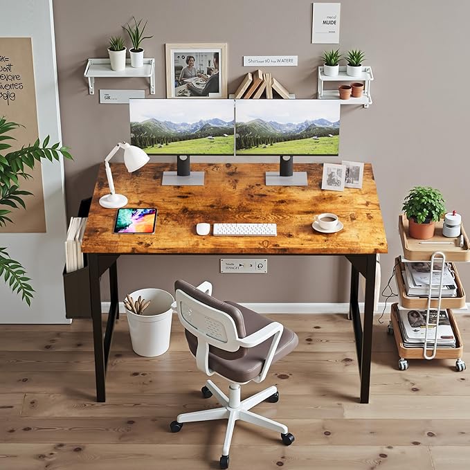 Shahoo 40 Inch Computer Desk, Wood Modern Simple PC Home Office Table for Small Spaces with Storage Bag and Headphone Hook for Home, Office, Study, Writing, Rustic Brown
