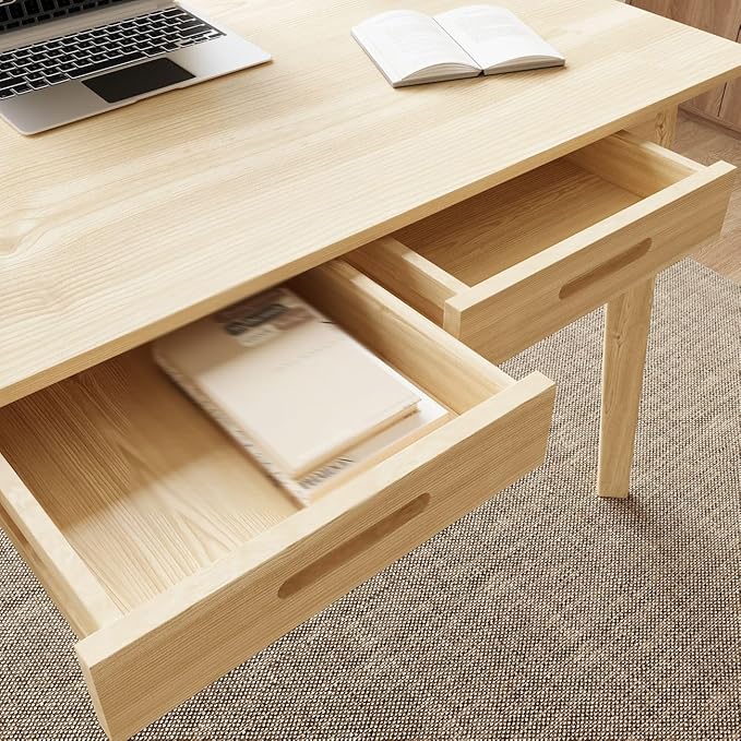 40 Inch Compact Computer Gaming Desk, Study Work Office Desk with 2 Storage Drawers, Rectangular Study Reading Table, Simple Computer Writing Table for Home Office, Living Room, Natural