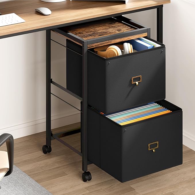 IDEALHOUSE 2 Drawer File Cabinet, Mobile Filing Cabinet for Home Office Fits A4 or Letter Size, Fabric Vertical File Cabinet with Wheels, Home Office Small Under Desk Storage Cabinet, Rustic Black